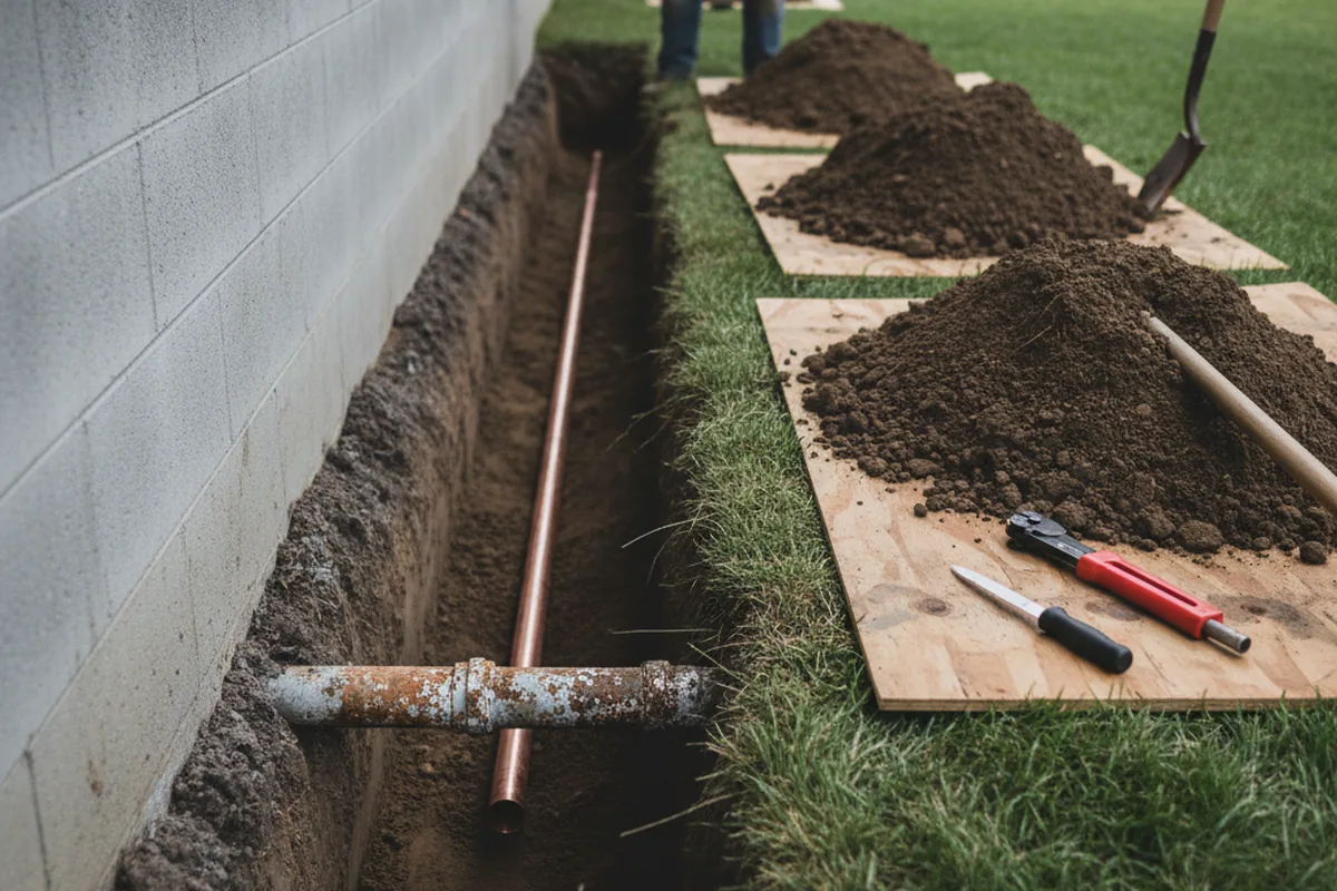 Excavated water line trench during Water Heater Repair in Williamstown